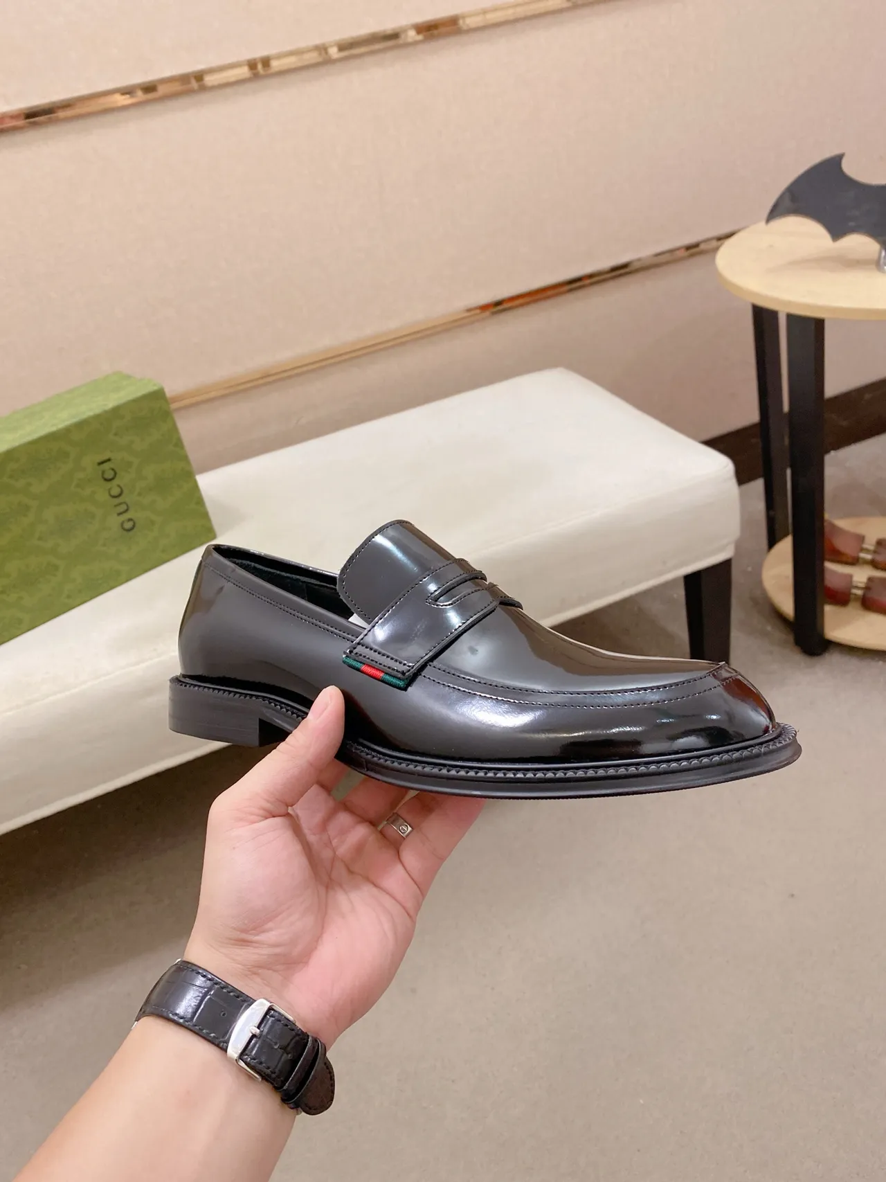 Gucci Loafer Black Green Glossy Patent Leather Penny Strap Loafer 5