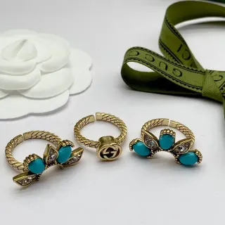 Gucci Marmont-Inspired Turquoise Bow and Interlocking G Gold-Tone Rings