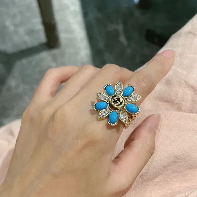 Gucci Marmont-Inspired Turquoise Bow and Interlocking G Gold-Tone Rings 3