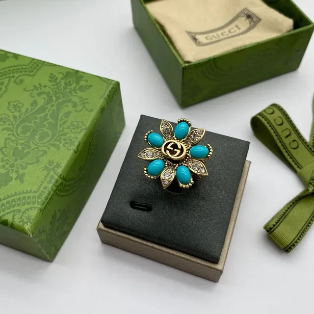 Gucci Marmont-Inspired Turquoise Bow and Interlocking G Gold-Tone Rings 4
