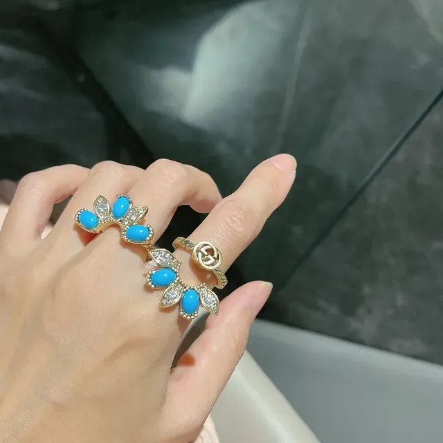 Gucci Marmont-Inspired Turquoise Bow and Interlocking G Gold-Tone Rings 5
