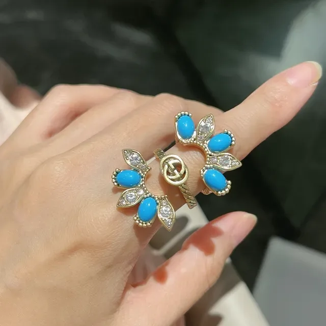 Gucci Marmont-Inspired Turquoise Bow and Interlocking G Gold-Tone Rings 8