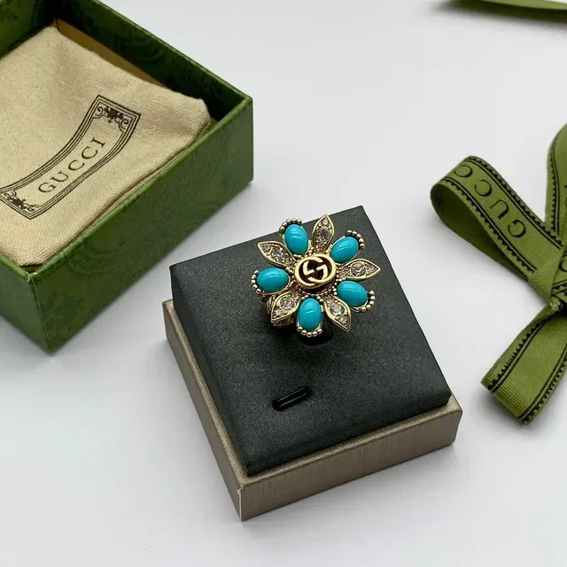 Gucci Marmont-Inspired Turquoise Bow and Interlocking G Gold-Tone Rings 9