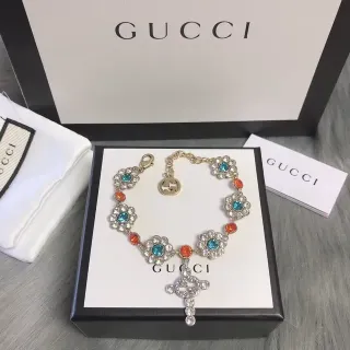 Gucci Multicolor Gold Floral Crystal Charm Metal Bracelet