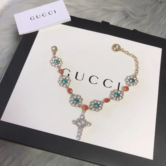 Gucci Multicolor Gold Floral Crystal Charm Metal Bracelet 5