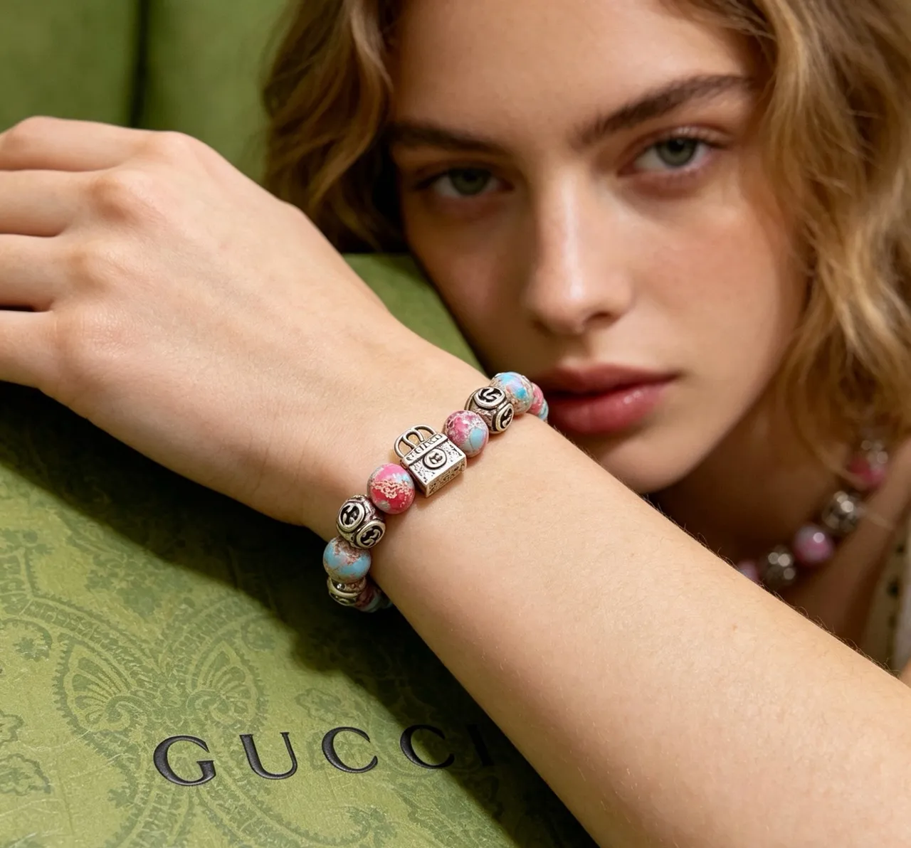 Gucci Multicolor Silver Marbled Resin Beads Interlocking G Charms Bracelet 2
