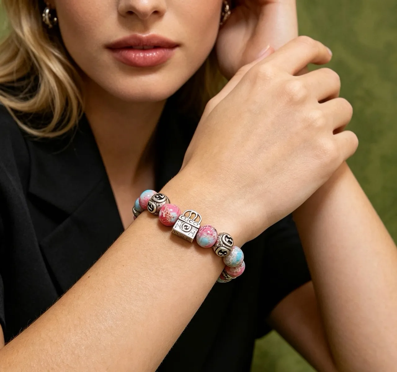 Gucci Multicolor Silver Marbled Resin Beads Interlocking G Charms Bracelet 7