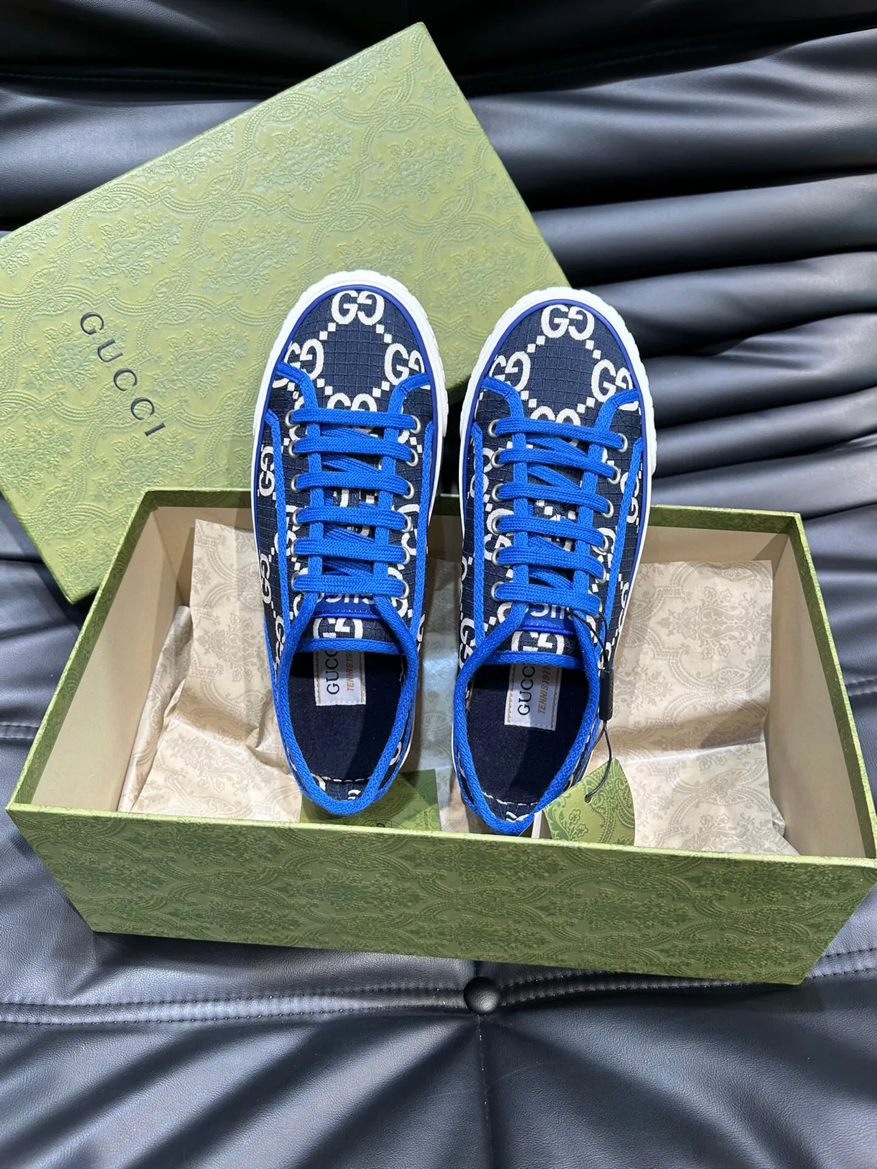 Gucci Navy Blue GG Monogram Print Piping Detail Lifestyle Sneakers 4