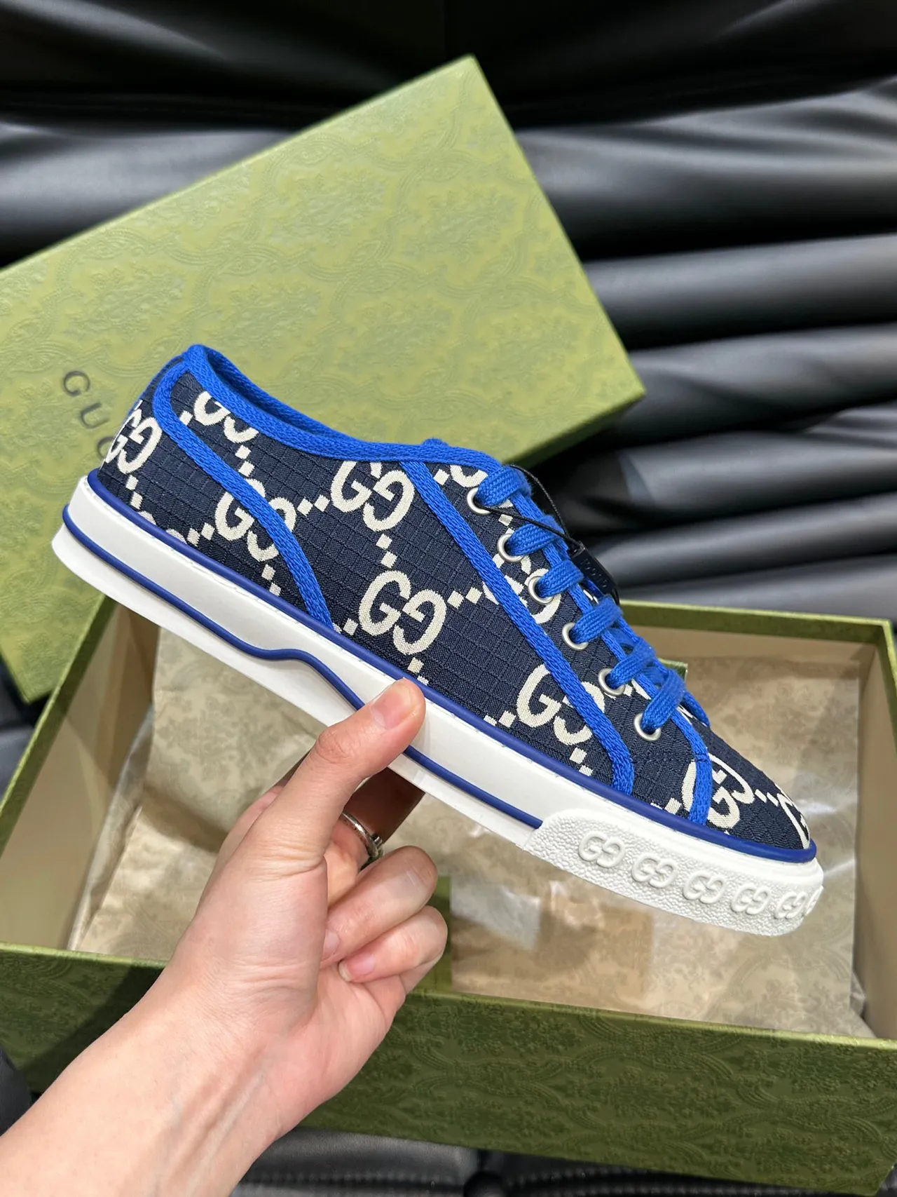 Gucci Navy Blue GG Monogram Print Piping Detail Lifestyle Sneakers 5