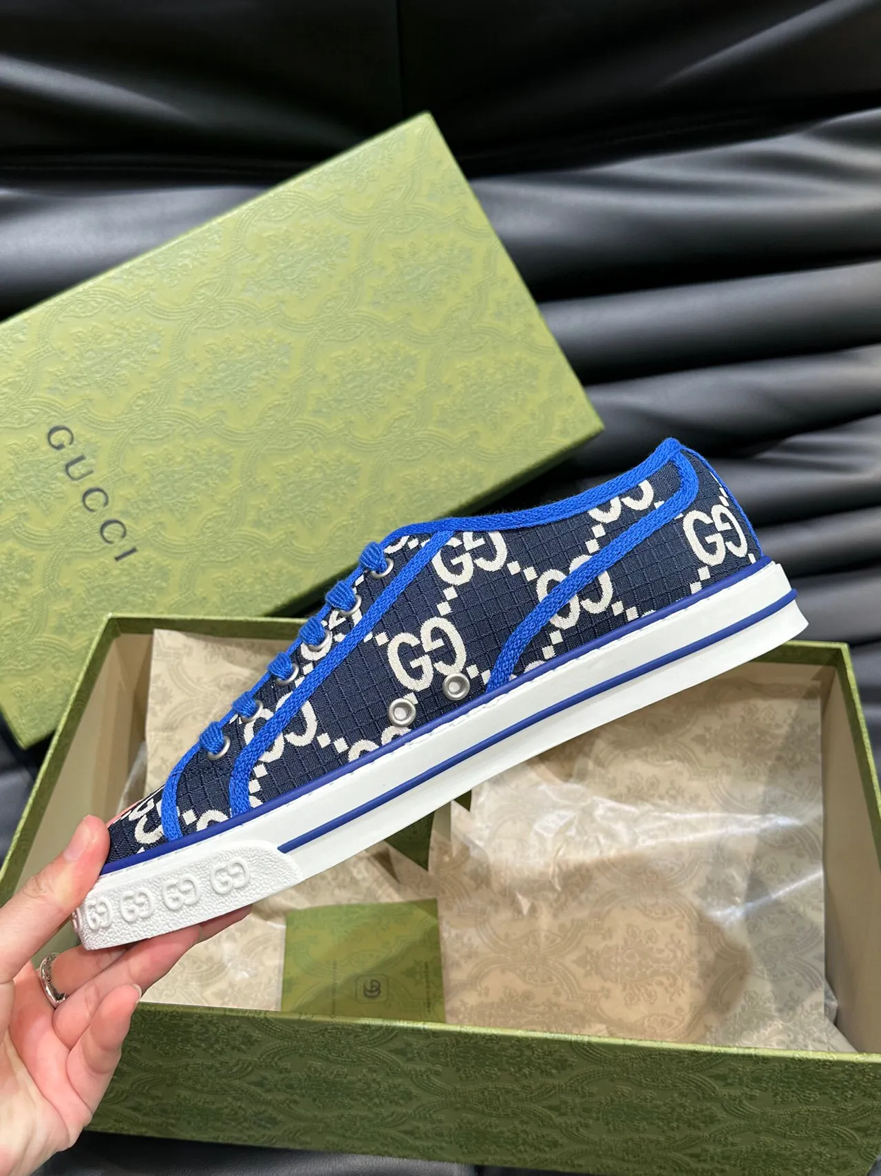 Gucci Navy Blue GG Monogram Print Piping Detail Lifestyle Sneakers 7
