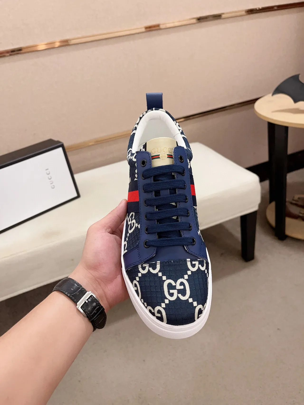 Gucci Navy Red GG Monogram Canvas Upper Web Stripe Lifestyle Sneakers 2