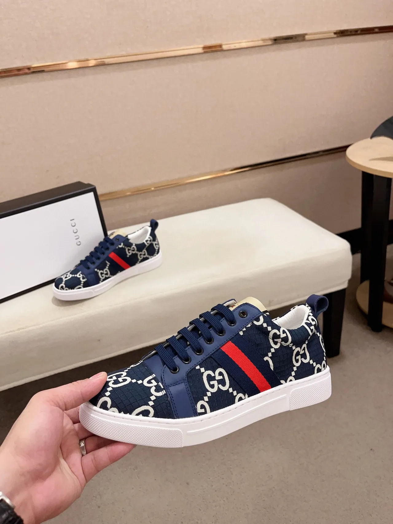 Gucci Navy Red GG Monogram Canvas Upper Web Stripe Lifestyle Sneakers 3