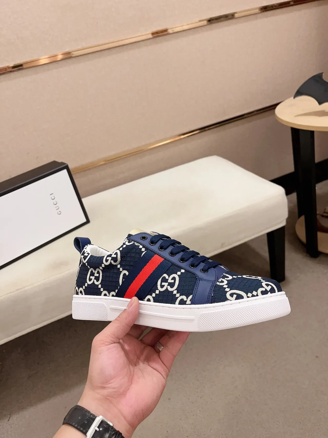 Gucci Navy Red GG Monogram Canvas Upper Web Stripe Lifestyle Sneakers 4
