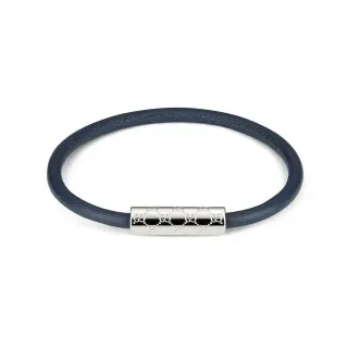 Gucci Navy Silver Round Leather Cord Cylindrical Engraved Metal Clasp Bracelet