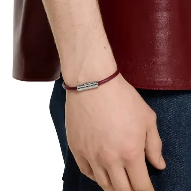 Gucci Navy Silver Round Leather Cord Cylindrical Engraved Metal Clasp Bracelet 2