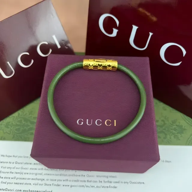 Gucci Navy Silver Round Leather Cord Cylindrical Engraved Metal Clasp Bracelet 8