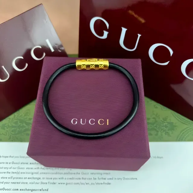 Gucci Navy Silver Round Leather Cord Cylindrical Engraved Metal Clasp Bracelet 9