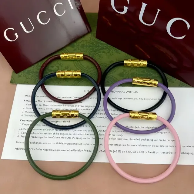 Gucci Navy Silver Round Leather Cord Cylindrical Engraved Metal Clasp Bracelet 10