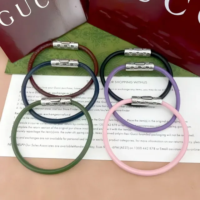 Gucci Navy Silver Round Leather Cord Cylindrical Engraved Metal Clasp Bracelet 11