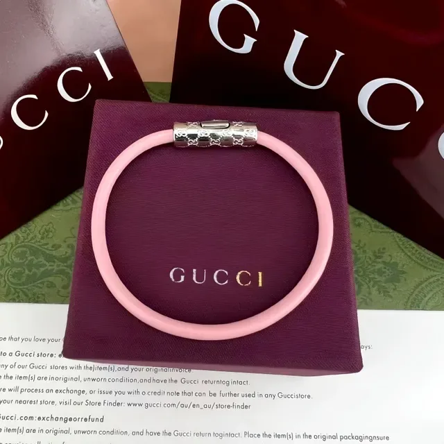 Gucci Navy Silver Round Leather Cord Cylindrical Engraved Metal Clasp Bracelet 12