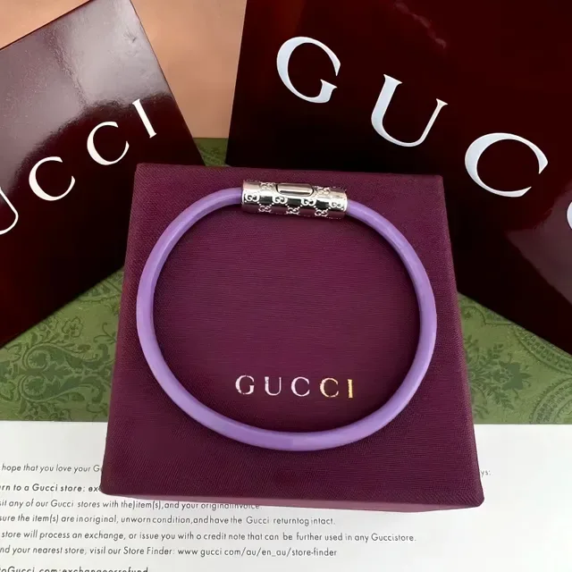 Gucci Navy Silver Round Leather Cord Cylindrical Engraved Metal Clasp Bracelet 13