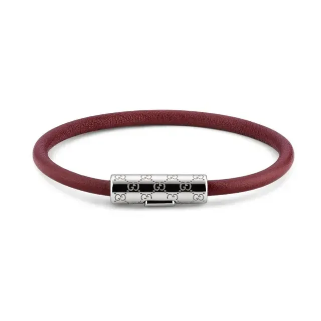 Gucci Navy Silver Round Leather Cord Cylindrical Engraved Metal Clasp Bracelet 14