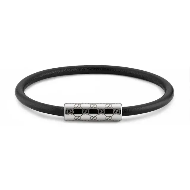 Gucci Navy Silver Round Leather Cord Cylindrical Engraved Metal Clasp Bracelet 15