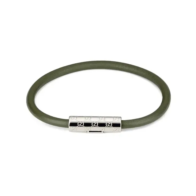 Gucci Navy Silver Round Leather Cord Cylindrical Engraved Metal Clasp Bracelet 16