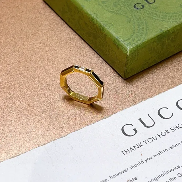 Gucci Octagon Gold Black Octagonal Geometric Band Inlay Panels Ring 7