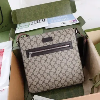 Gucci Ophidia Beige Brown GG Monogram Canvas Leather Trim Messenger Bag