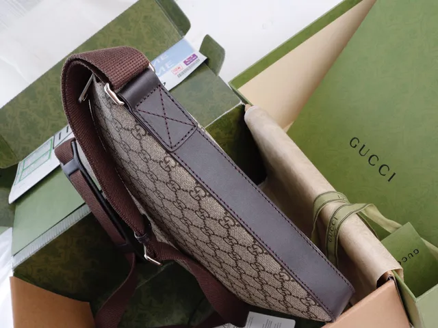 Sac messager Gucci Ophidia Beige Brown GG Monogram Canvas avec bande de cuir 6