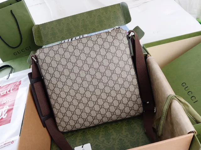 Sac messager Gucci Ophidia Beige Brown GG Monogram Canvas avec bande de cuir 12
