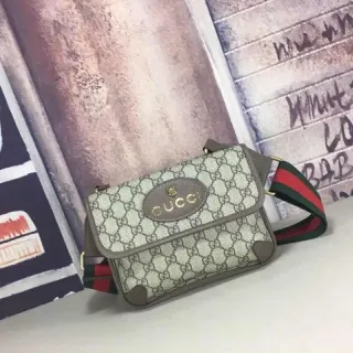 Gucci Ophidia Beige Gray GG Monogram Canvas Oval Leather Plaque Crossbody Bag