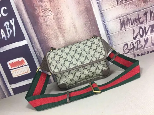 Gucci Ophidia Beige Gris GG Monogramme Toile Ovale Cuir Plaque Sac croisé 9