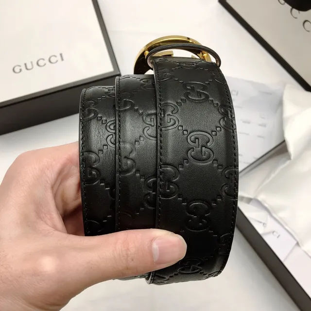 Gucci Ophidia Black Gold Interlocking G Buckle Embossed GG Monogram Leather Belt 2