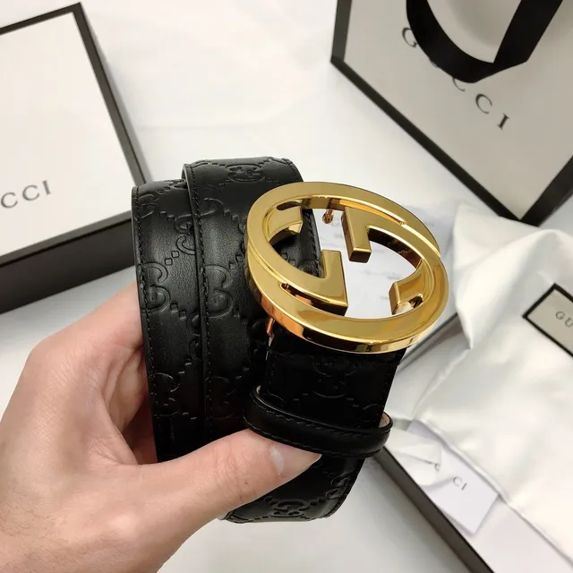 Gucci Ophidia Black Gold Interlocking G Buckle Embossed GG Monogram Leather Belt 3