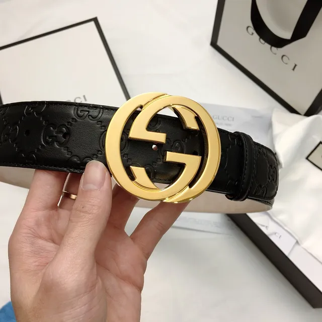 Gucci Ophidia Black Gold Interlocking G Buckle Embossed GG Monogram Leather Belt 4