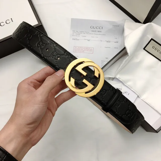 Gucci Ophidia Black Gold Interlocking G Buckle Embossed GG Monogram Leather Belt 5