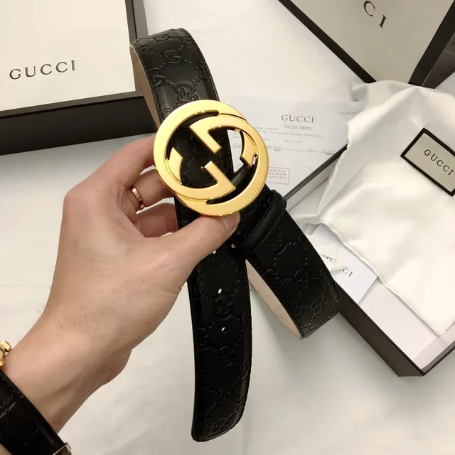 Gucci Ophidia Black Gold Interlocking G Buckle Embossed GG Monogram Leather Belt 6