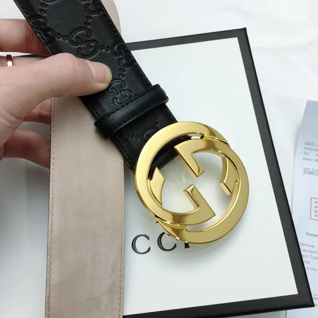 Gucci Ophidia Black Gold Interlocking G Buckle Embossed GG Monogram Leather Belt 8