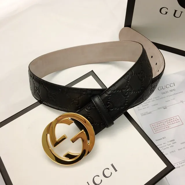 Gucci Ophidia Black Gold Interlocking G Buckle Embossed GG Monogram Leather Belt 9