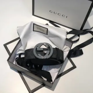 Gucci Ophidia Interlocking G काला बुना चमड़ा बेल्ट