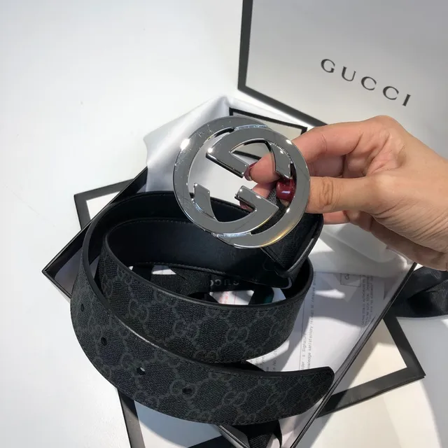 Gucci Ophidia Interlocking G काला बुना चमड़ा बेल्ट 5