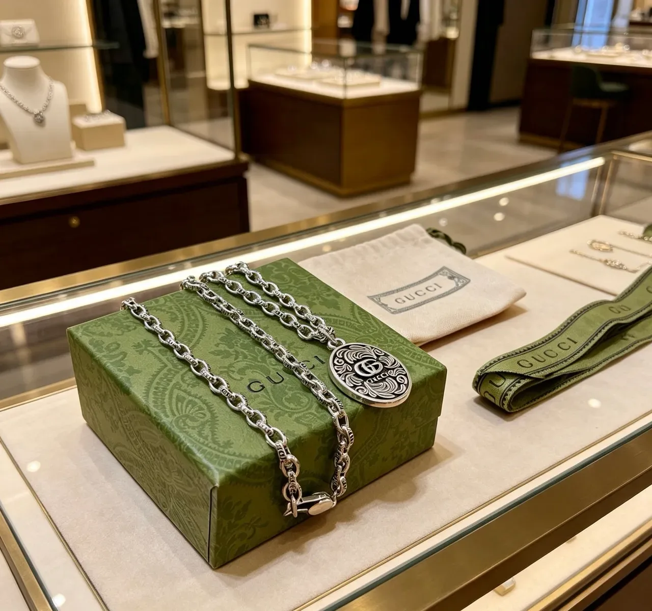 Gucci Ophidia Silver Heavy-Link Chain Engraved Branding Necklace 7