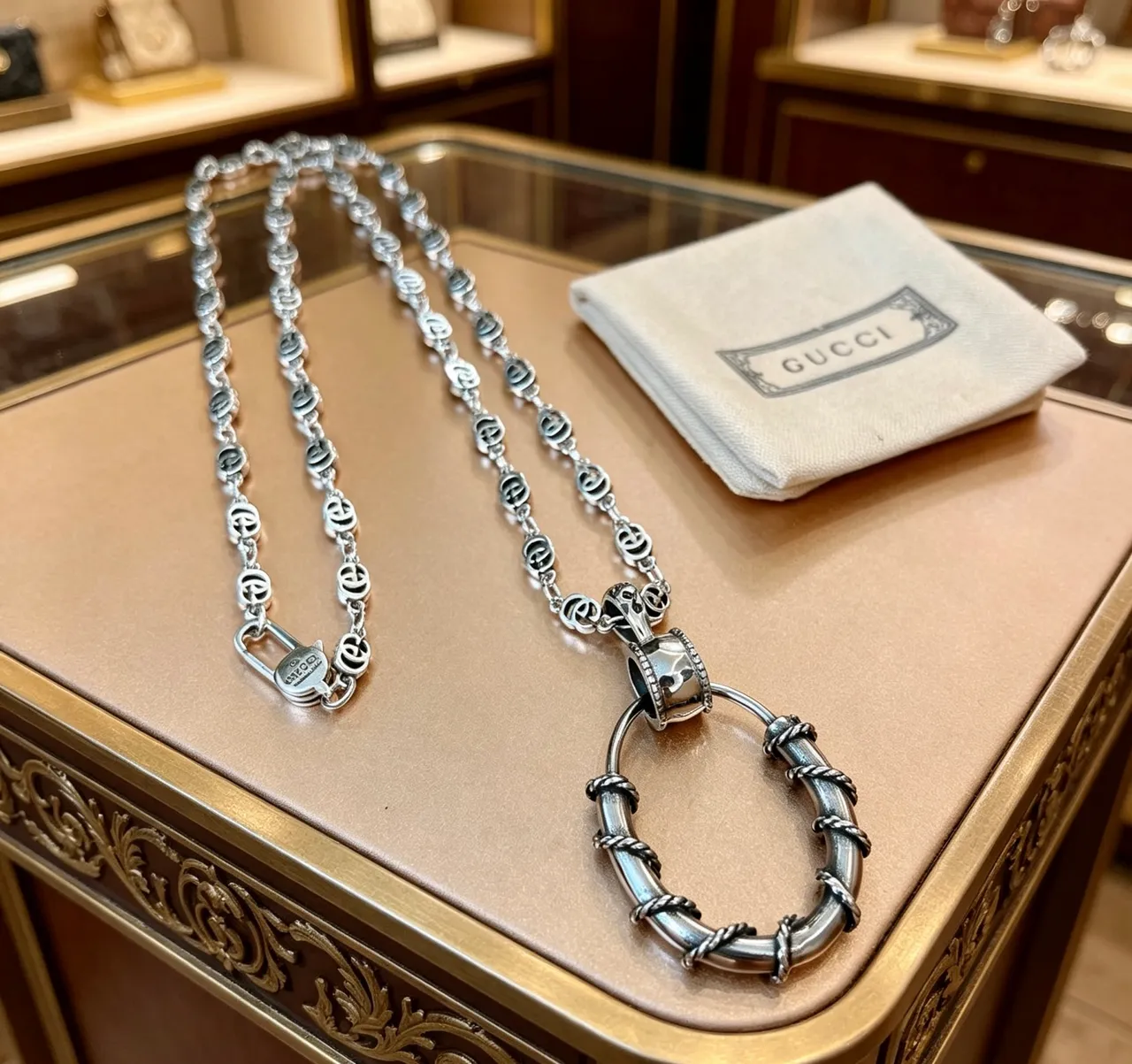 Gucci Ophidia Silver Interlocking G-Link Chain Twisted Rope Detail Necklace 4