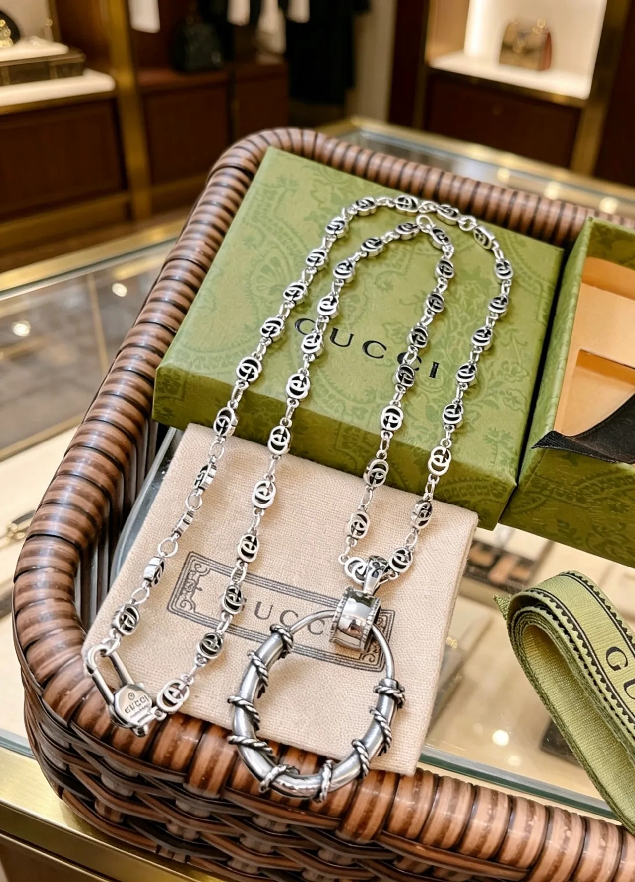 Gucci Ophidia Silver Interlocking G-Link Chain Twisted Rope Detail Necklace 5