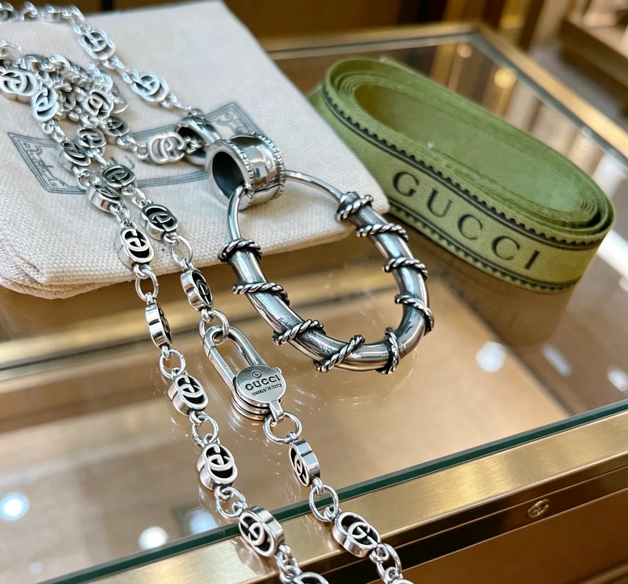 Gucci Ophidia Silver Interlocking G-Link Chain Twisted Rope Detail Necklace 6
