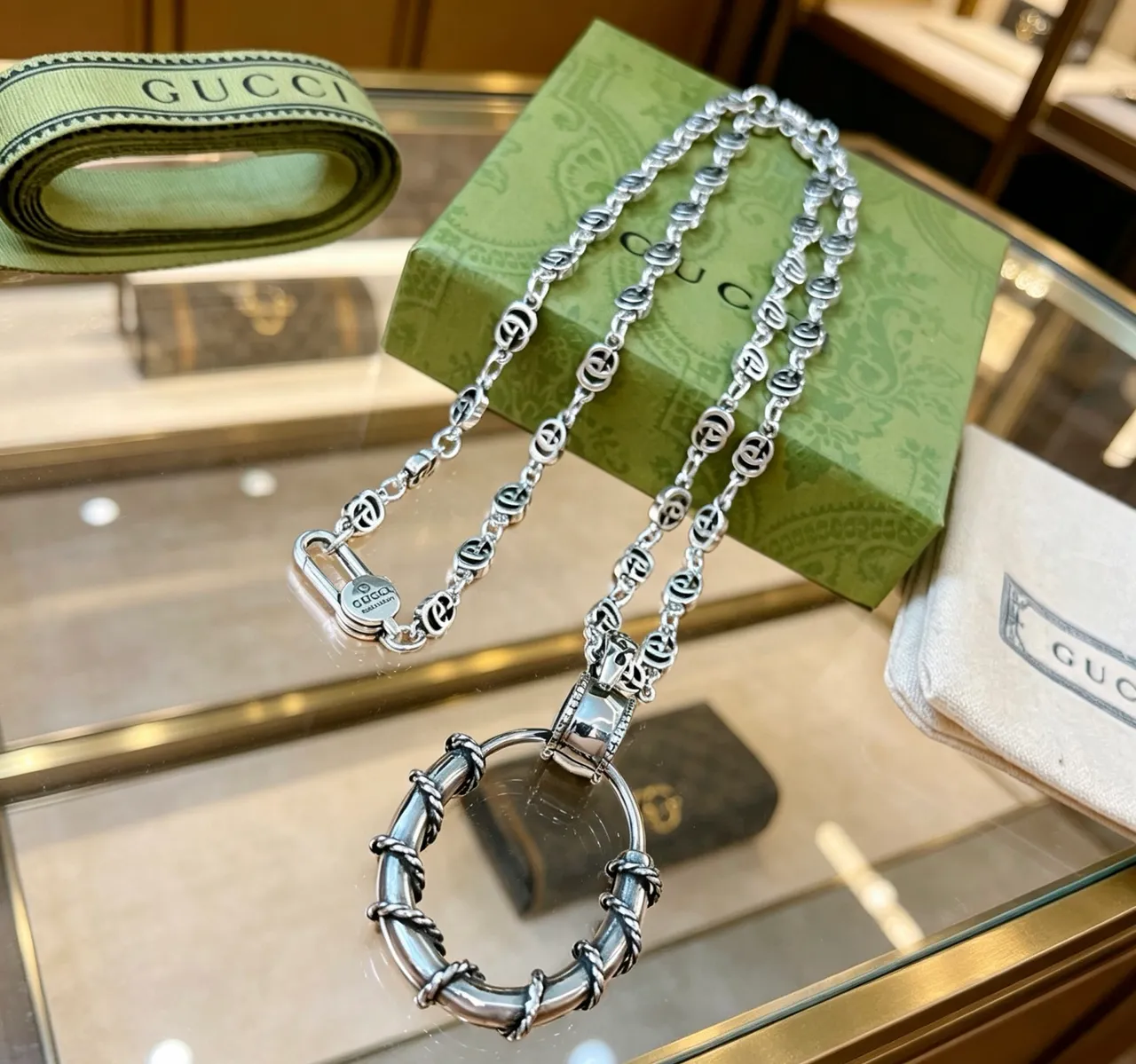 Gucci Ophidia Silver Interlocking G-Link Chain Twisted Rope Detail Necklace 8