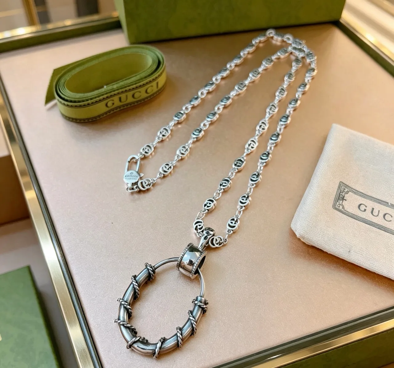Gucci Ophidia Silver Interlocking G-Link Chain Twisted Rope Detail Necklace 9