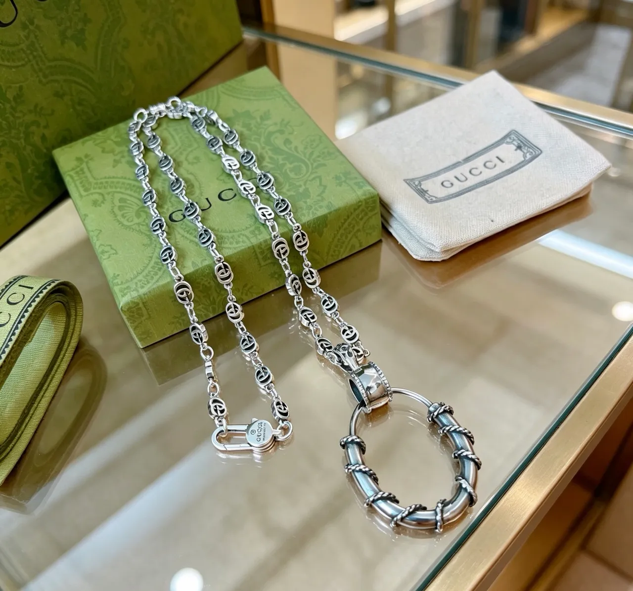 Gucci Ophidia Silver Interlocking G-Link Chain Twisted Rope Detail Necklace 2